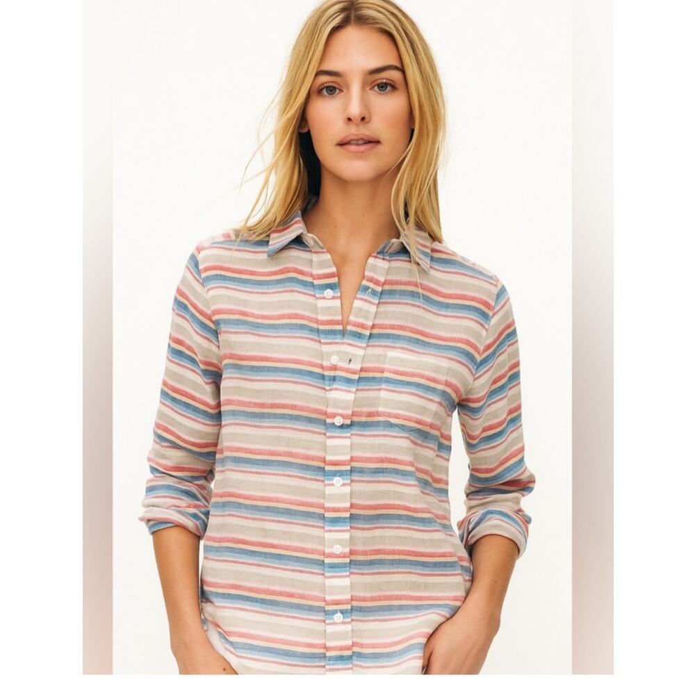 Frank & Eileen Barry Linen Button‎ Up Shirt Multi Stripe Blue Red Large